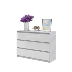 GABRIEL - Chest of 6 Drawers - Bedroom Dresser Storage Cabinet Sideboard - Concrete / White Gloss H71cm W100cm D33cm