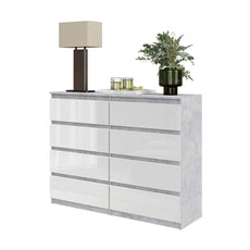 GABRIEL - Chest of 8 Drawers - Bedroom Dresser Storage Cabinet Sideboard - Concrete / White Gloss H92cm W120cm D33cm
