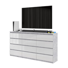 GABRIEL - Chest of 12 Drawers (8+4) - Bedroom Dresser Storage Cabinet Sideboard - Concrete / White Gloss H92cm W180cm D33cm