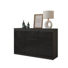 MIKEL - Chest of 3 Drawers and 2 Doors - Bedroom Dresser Storage Cabinet Sideboard - Anthracite / Black Gloss H75cm W120cm D35cm