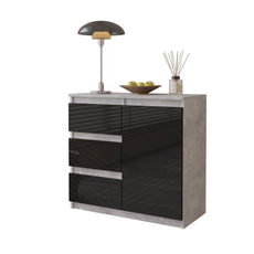 MIKEL - Chest of 3 Drawers and 1 Door - Bedroom Dresser Storage Cabinet Sideboard - Concrete / Black Gloss H75cm W80cm D35cm