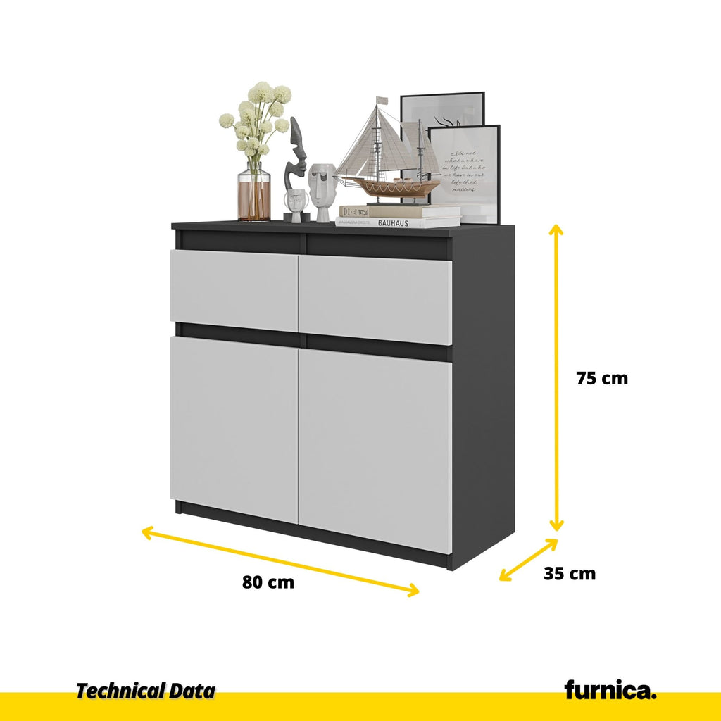 NOAH - Chest of 2 Drawers and 2 Doors - Bedroom Dresser Storage Cabinet Sideboard - Anthracite / White Matt H75cm W80cm D35cm