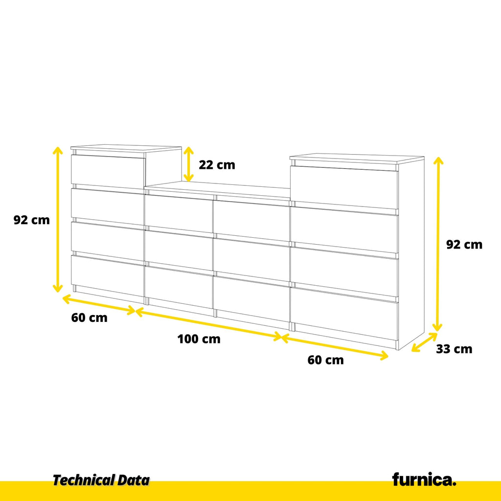GABRIEL - Chest of 14 Drawers (4+6+4) - Bedroom Dresser Storage Cabinet Sideboard - White Matt / Anthracite Gloss H92cm W220cm D33cm