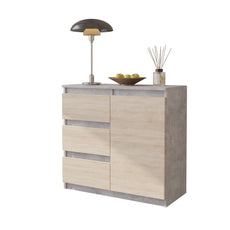 MIKEL - Chest of 3 Drawers and 1 Door - Bedroom Dresser Storage Cabinet Sideboard - Concrete / Sonoma Oak H75cm W80cm D35cm