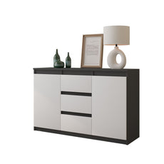 MIKEL - Chest of 3 Drawers and 2 Doors - Bedroom Dresser Storage Cabinet Sideboard - Anthracite / White Matt H75cm W120cm D35cm