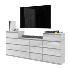 GABRIEL - Chest of 14 Drawers (4+6+4) - Bedroom Dresser Storage Cabinet Sideboard - Concrete / White Gloss H92cm W220cm D33cm