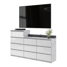 GABRIEL - Chest of 10 Drawers (6+4) - Bedroom Dresser Storage Cabinet Sideboard - Concrete / White Gloss H92/70cm W160cm D33cm