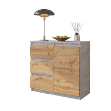 MIKEL - Chest of 3 Drawers and 1 Door - Bedroom Dresser Storage Cabinet Sideboard - Concrete / Wotan Oak H75cm W80cm D35cm