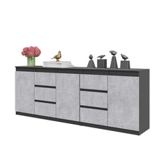 MIKEL - Chest of 6 Drawers and 3 Doors - Bedroom Dresser Storage Cabinet Sideboard - Anthracite / Concrete H75cm W200cm D35cm
