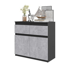 NOAH - Chest of 2 Drawers and 2 Doors - Bedroom Dresser Storage Cabinet Sideboard - Anthracite / Concrete H75cm W80cm D35cm