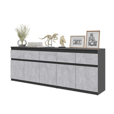 NOAH - Chest of 5 Drawers and 5 Doors - Bedroom Dresser Storage Cabinet Sideboard - Anthracite / Concrete  H75cm W200cm D35cm