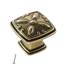Vintage Cabinet Knob - Flower Pattern - 31mm x 31mm - Antique Brass