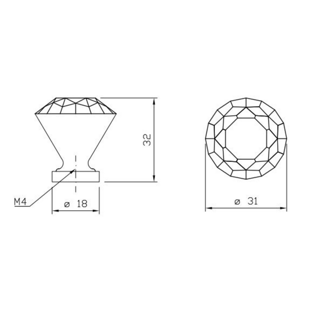 Crystal Glass Effect Cabinet Knob -  Ø30mm - Chrome