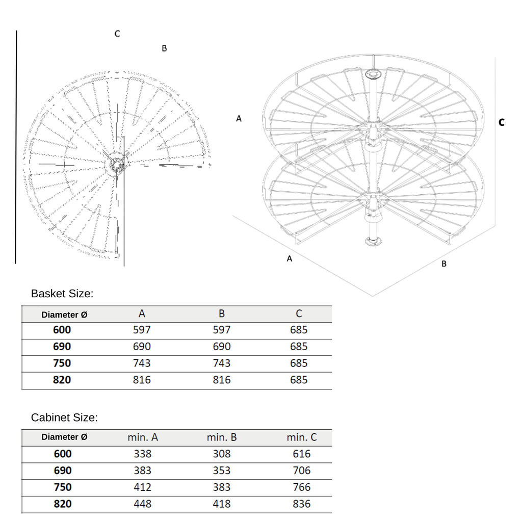 2 Tier Corner Rotating Baskets 3/4 - 600mm - Chrome