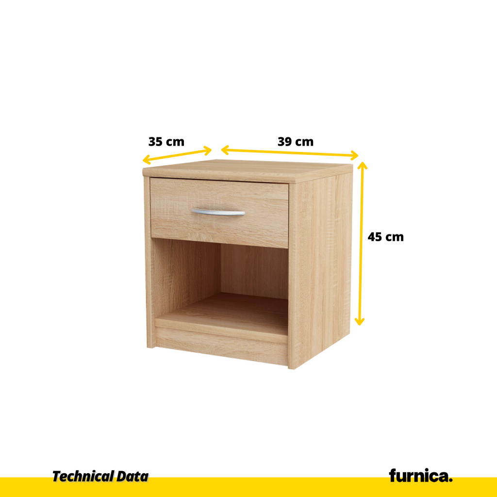 JULIA - Bedside Table - Nightstand with 1 Drawer - Sonoma Oak H45cm W39cm D35cm