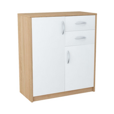 JULIA - Chest of 2 Drawers and 2 Doors - Bedroom Dresser Storage Cabinet Sideboard - Sonoma Oak / White Matt H85cm W74cm D35cm