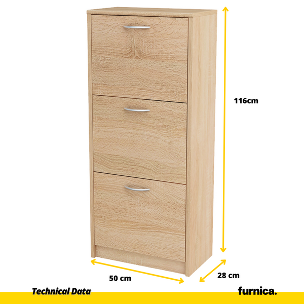 JULIA Shoe Cabinet 3 Tier Storage Sonoma Oak H116cm W50cm D28cm Furnica