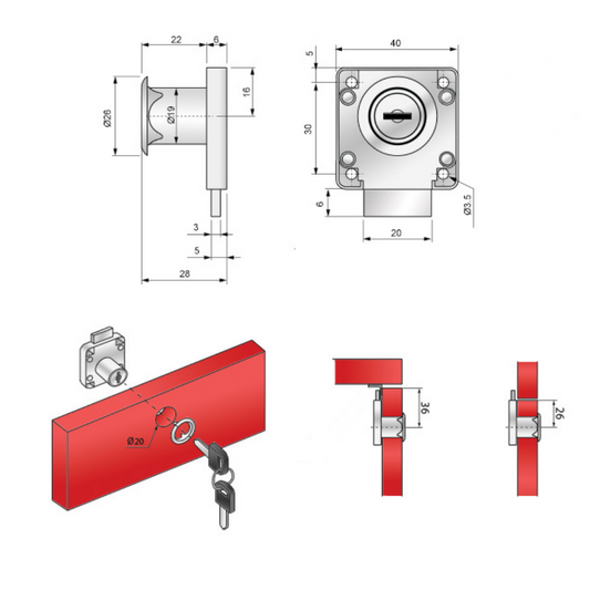 Square Furniture Lock 19x22mm, Identical Key Version, Chrome (2) – Furnica