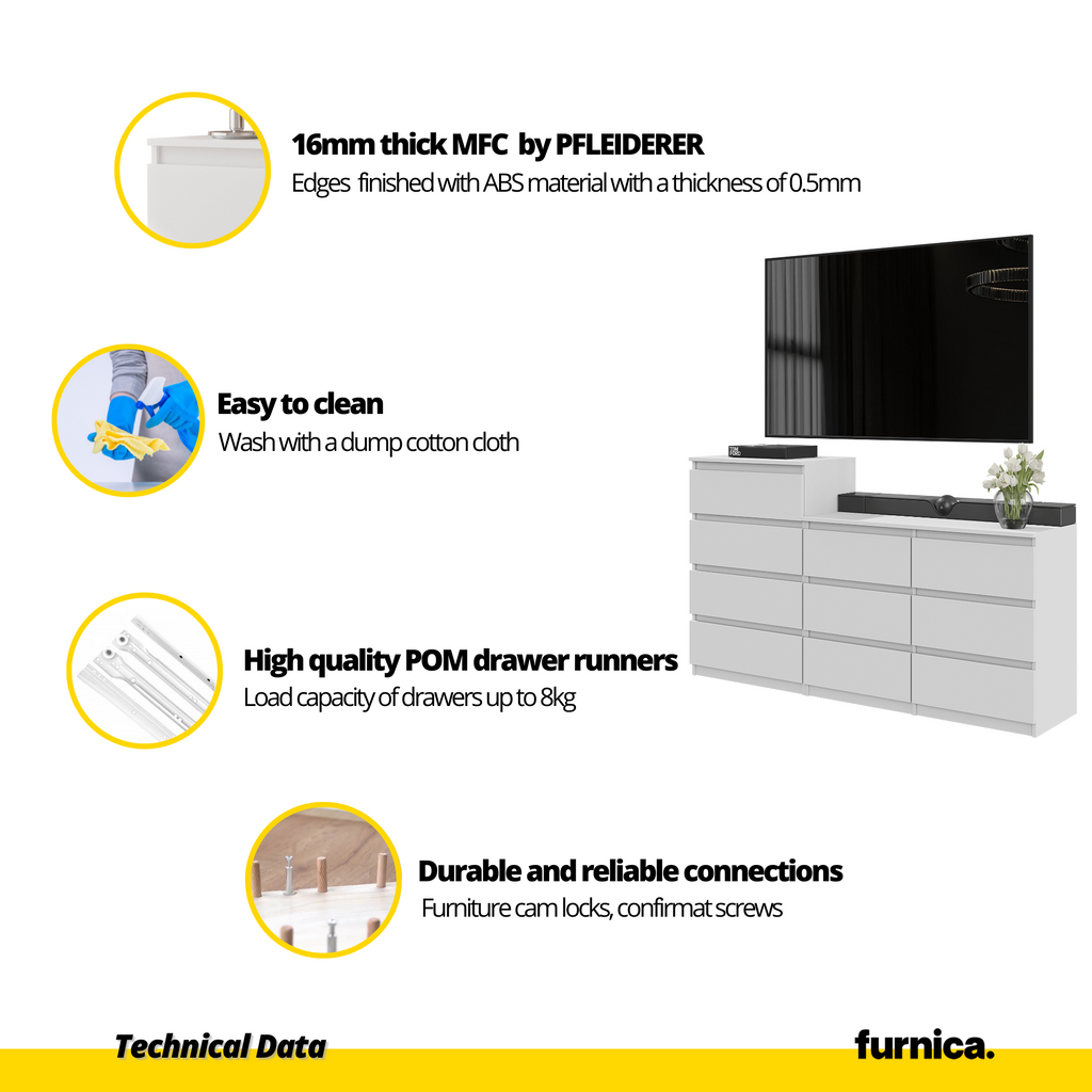 GABRIEL - Chest of 10 Drawers (6+4) - Bedroom Dresser Storage Cabinet Sideboard - Sonoma Oak / Black Gloss H92/70cm W160cm D33cm