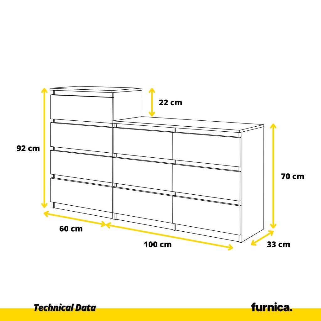 GABRIEL - Chest of 10 Drawers (6+4) - Bedroom Dresser Storage Cabinet Sideboard - Sonoma Oak / Black Gloss H92/70cm W160cm D33cm