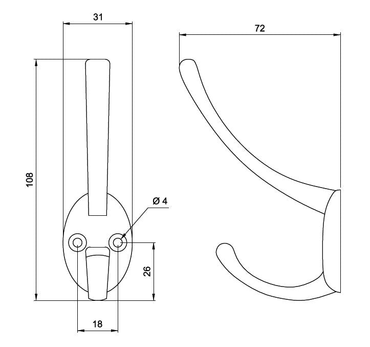 Double Hat & Coat Hook - 108mm - Silver