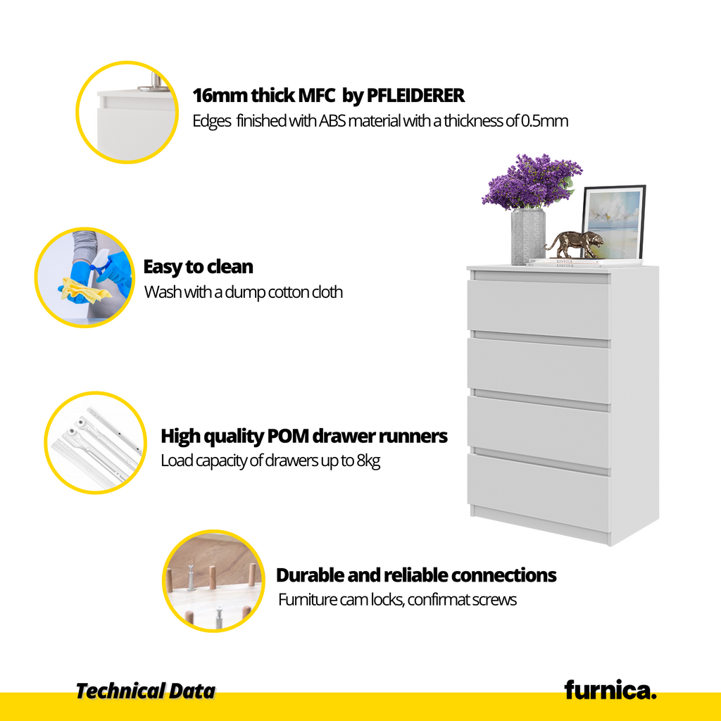 GABRIEL - Chest of 4 Drawers - Bedroom Dresser Storage Cabinet Sideboard - Wenge / White Gloss H92cm W60cm D33cm