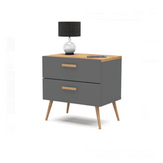 INGRID - Scandinavian Bedside Table - Nightstand with 2 Drawers - Anthracite Grey / Wotan Oak H45cm W45cm D30cm