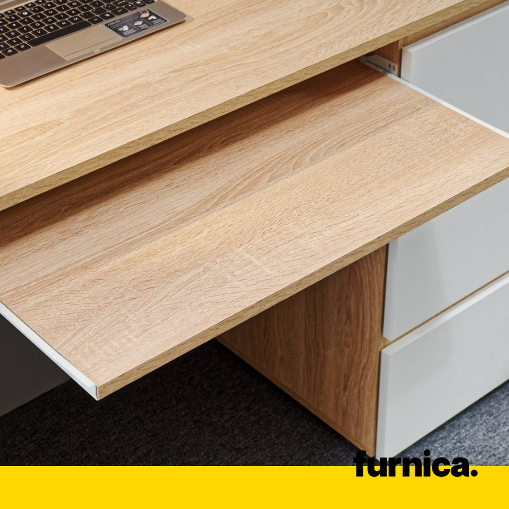 BRUNO- Computer Desk with 3 Drawers and Keyboard Tray H76cm W90cm D50cm Left - White Matt