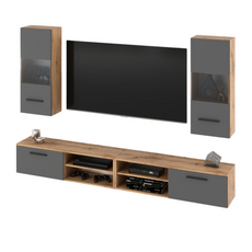 MIRANDA - Hanging TV Unit Set - 4 Cabinets - Wotan Oak / Anthracite Grey