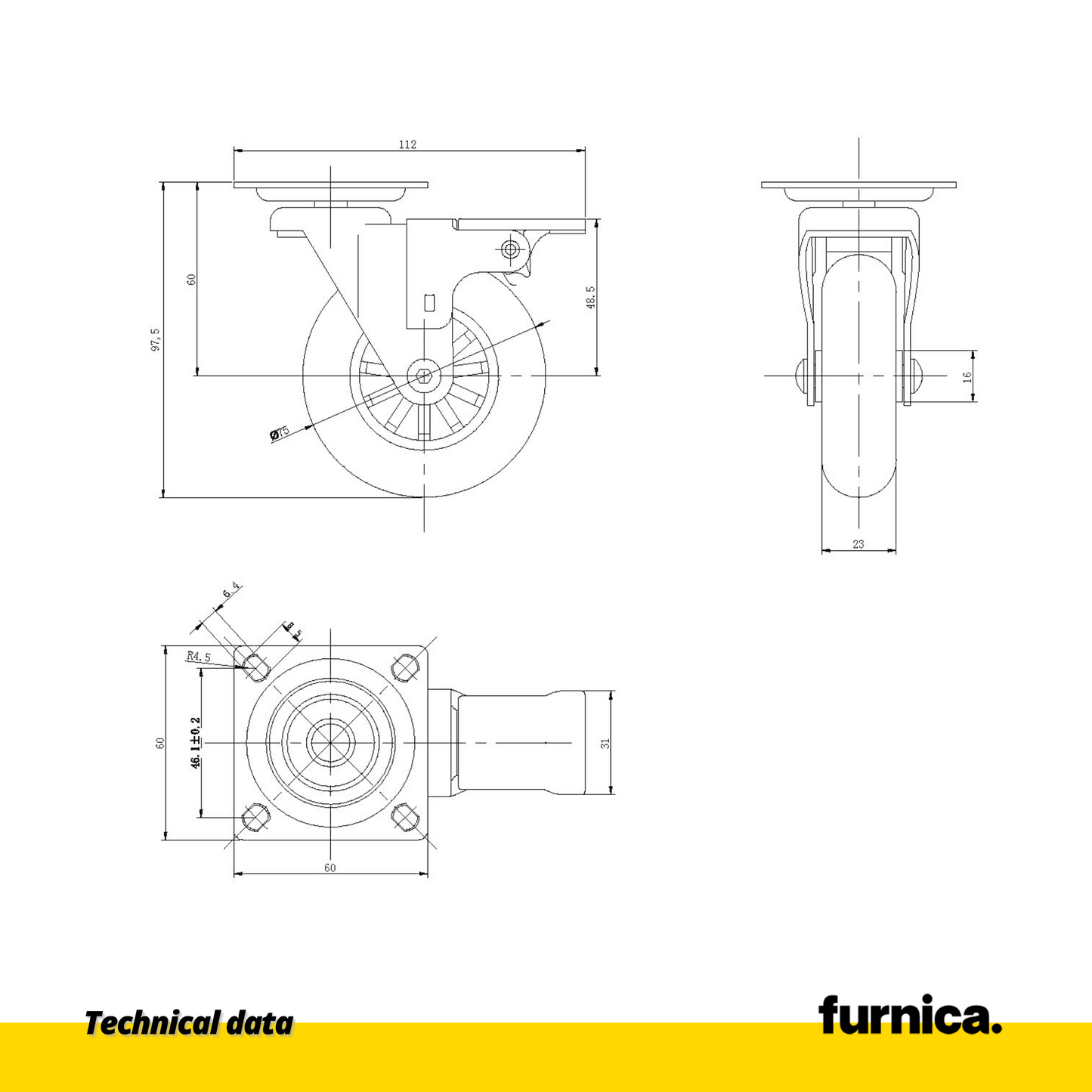 Furniture Wheel with Mounting Plate and Brake - Transparent - Chrome - Ø7.5cm