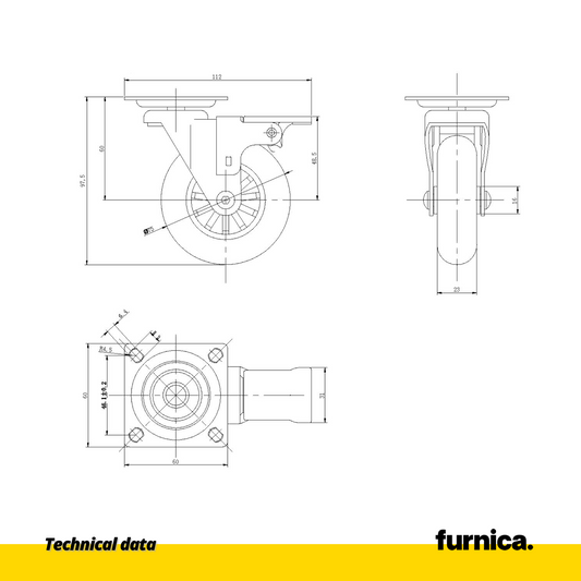 Furniture Wheel with Mounting Plate and Brake - Transparent - Chrome - Ø7.5cm