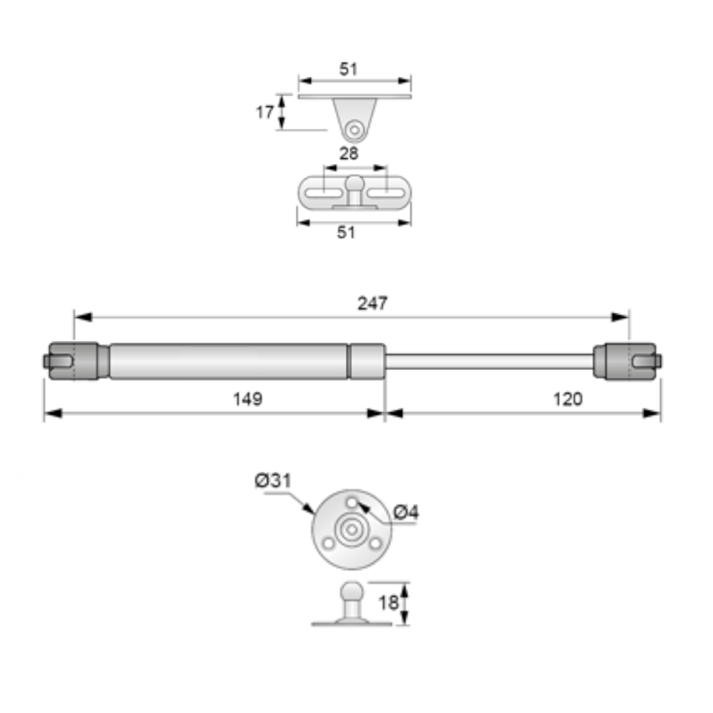 Reverse Gas-Piston Stay 250mm 80N