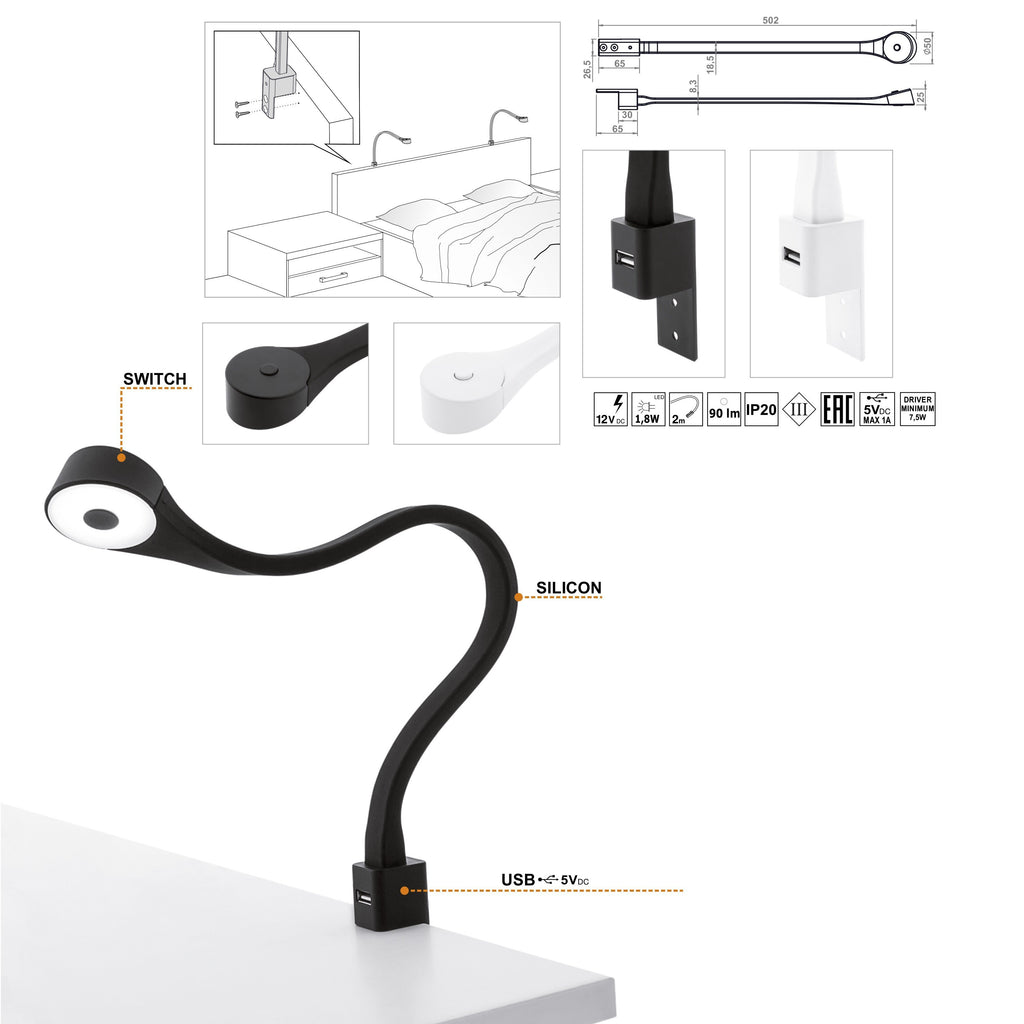 2 Bedroom LED Lamps with USB + Power Supply (F02)