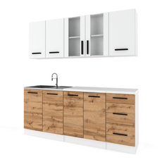 GONZO - Kitchen Set - Wotan Oak / White Matt with Worktop - 6 Units - 200 cm