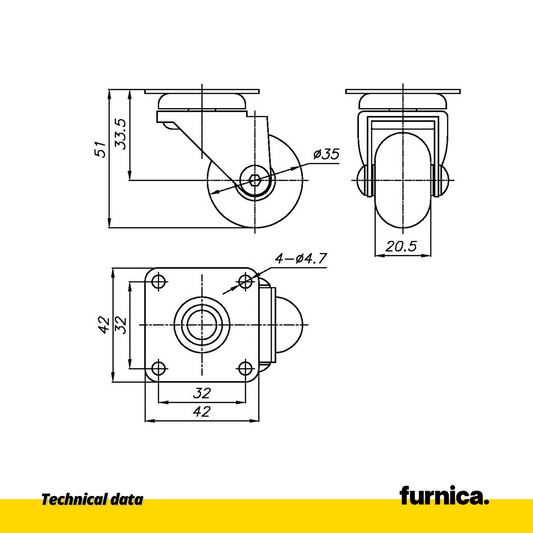 Furniture Wheel with Mounting Plate - Transparent - Chrome - Ø3.5cm