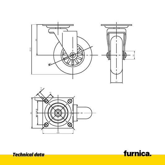 Furniture Wheel with Mounting Plate - Transparent - Chrome - Ø7.5cm