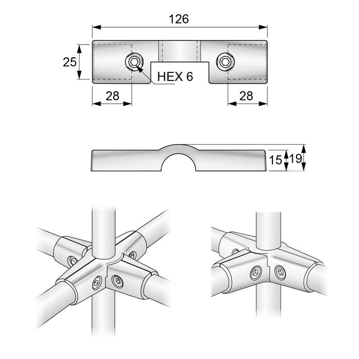 25mm Half Cross Connector, Chrome