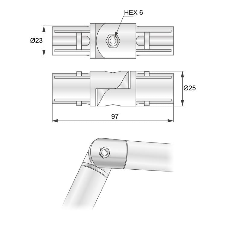 25mm Pipe Hinge Connector, Chrome