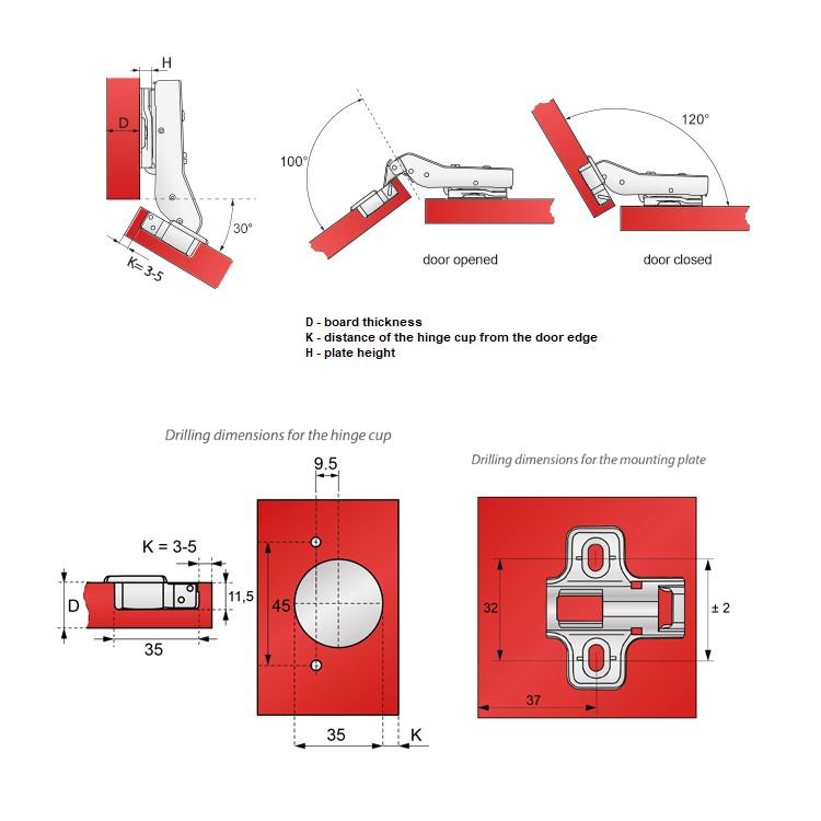 +30º Soft-Close Hinge, H2 Mounting Plate, Angled Doors