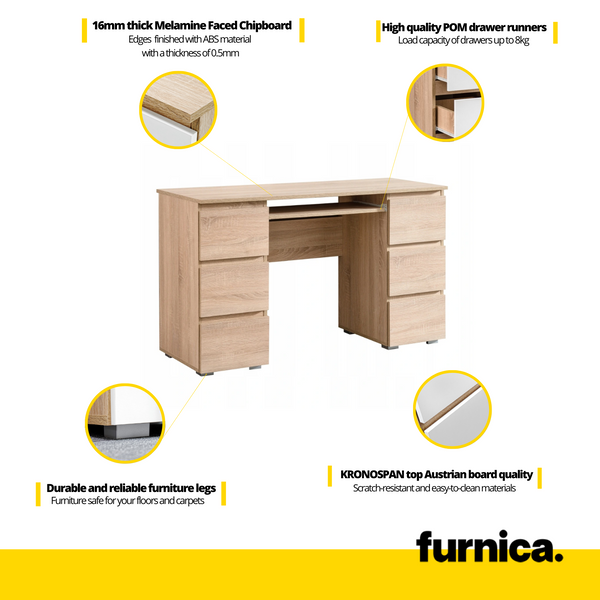 CUBA - Computer Desk with 6 Push to Open Drawers and Keyboard Tray H78cm  W130cm D50cm - White Matt - Furnica