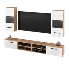 MIRANDA - Hanging TV Unit Set - 4 Cabinets - Wotan Oak / White Gloss