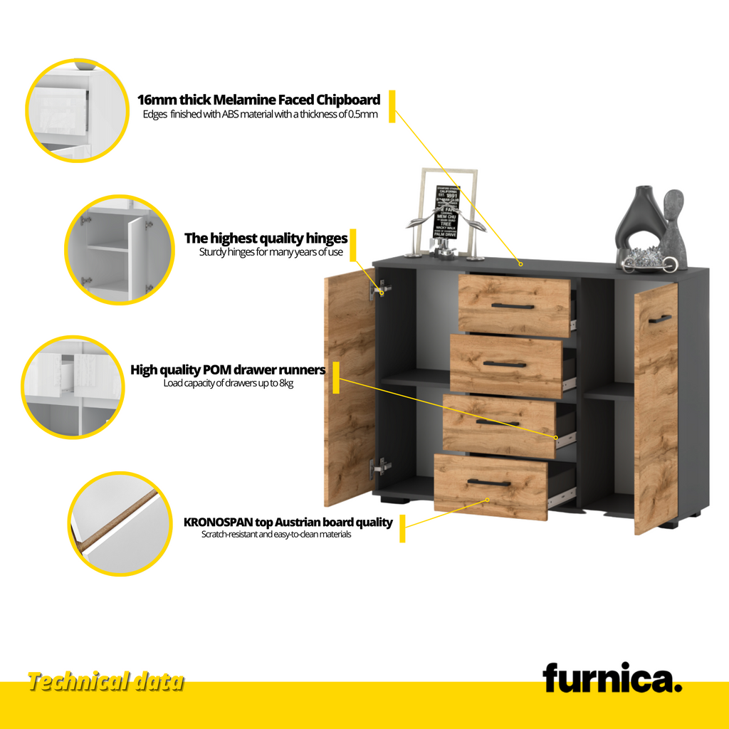 MARK - Chest of 4 Drawers and 2 Doors - Bedroom Dresser Storage Cabinet Sideboard - Anthracite / White Matt H85cm W120cm D35cm
