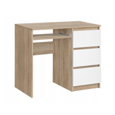 BRUNO- Computer Desk with 3 Drawers and Keyboard Tray H76cm W90cm D50cm Right - Sonoma Oak / White Matt