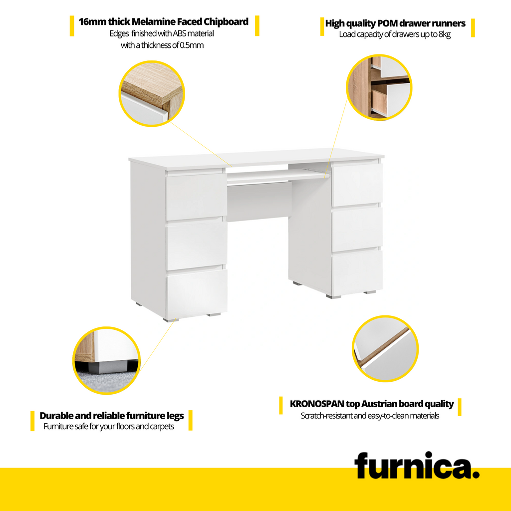CUBA - Computer Desk with 6 Push to Open Drawers and Keyboard Tray H78cm W130cm D50cm - White Matt