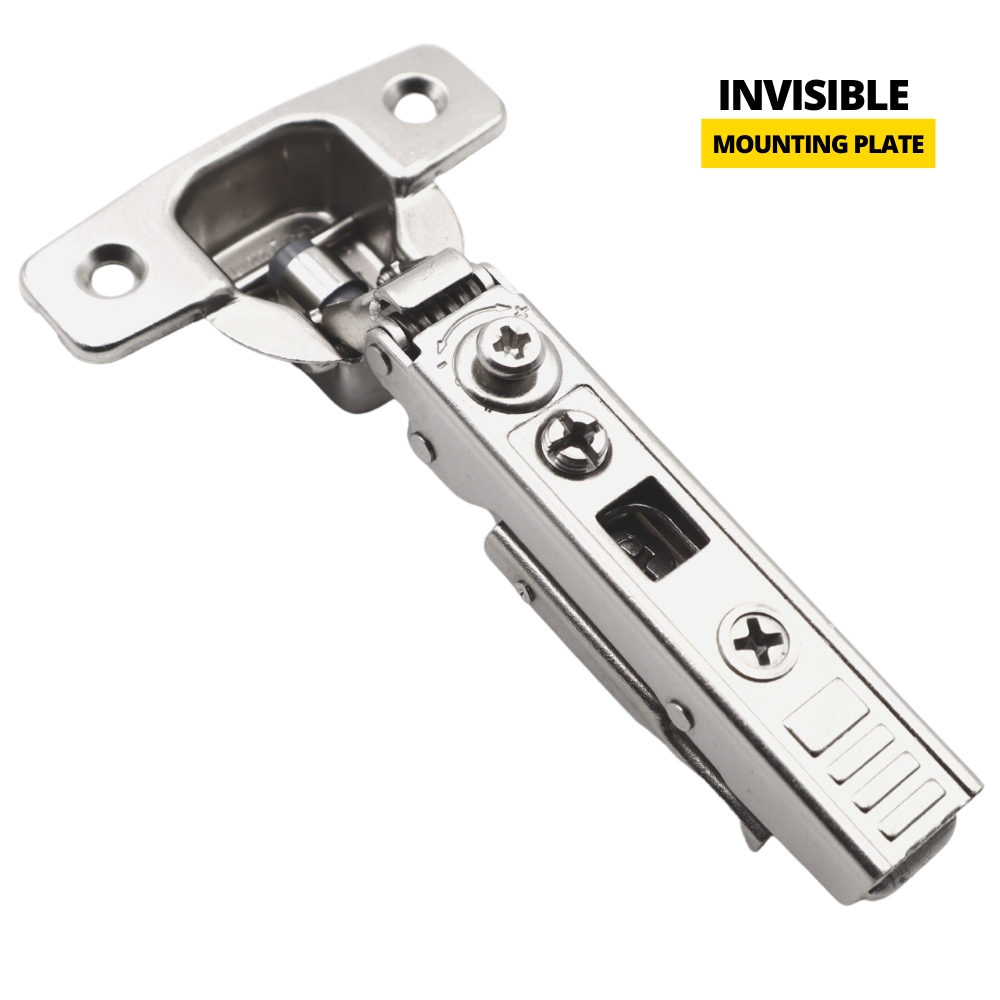 4D 110° Soft-Close Hinge, H0 Invisible Mounting Plate with EURO Screws and Covers, Overlay Doors