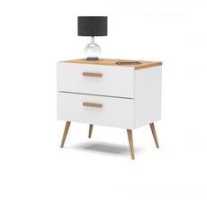 INGRID - Scandinavian Bedside Table - Nightstand with 2 Drawers - White Matt / Wotan Oak H45cm W45cm D30cm