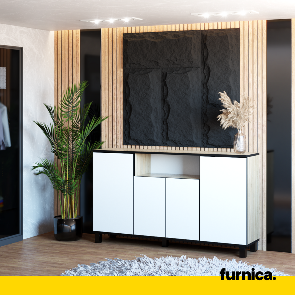 CALVIN - TV Cabinet with 4 Doors - Living Room Storage Sideboard - White Matt H80cm W140cm D35cm