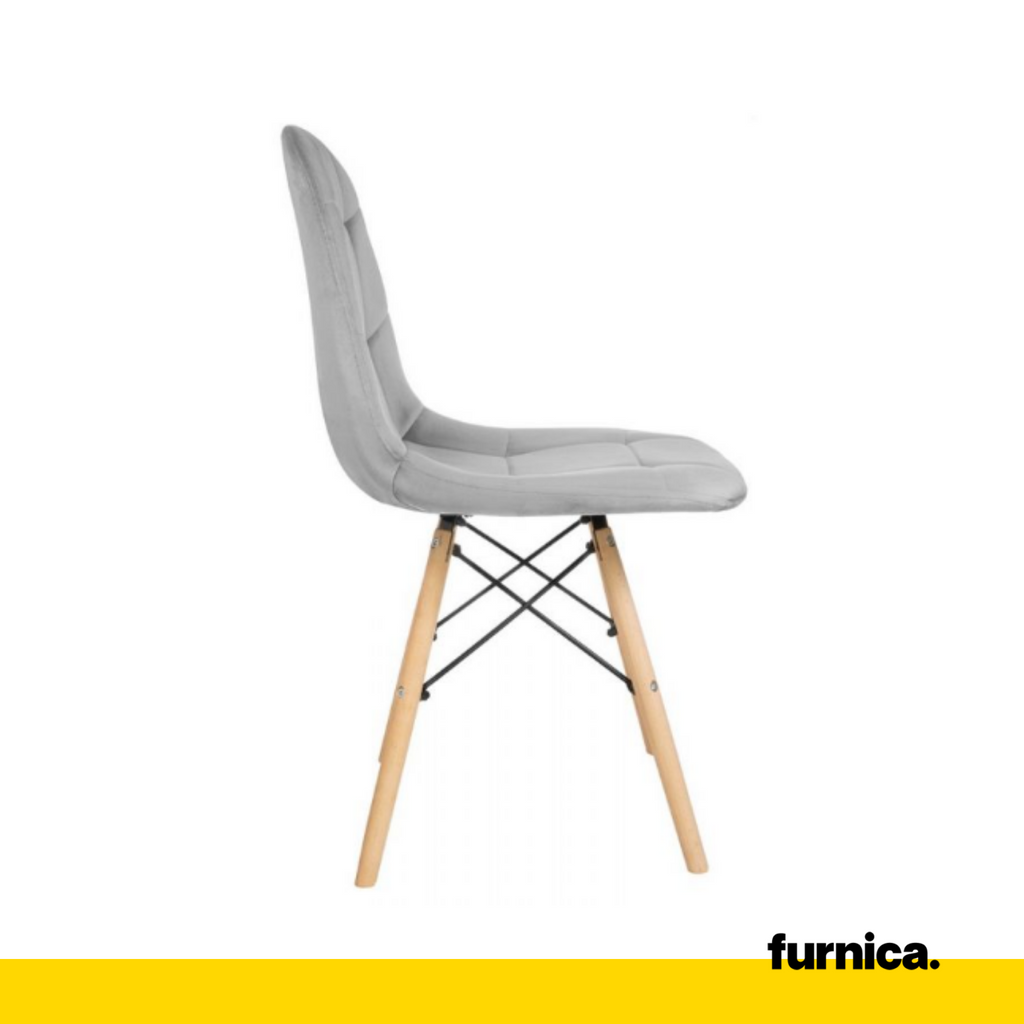 FABRIZIO - Quilted Velour Velvet Dining / Office Chair with Wooden Legs - Light Grey