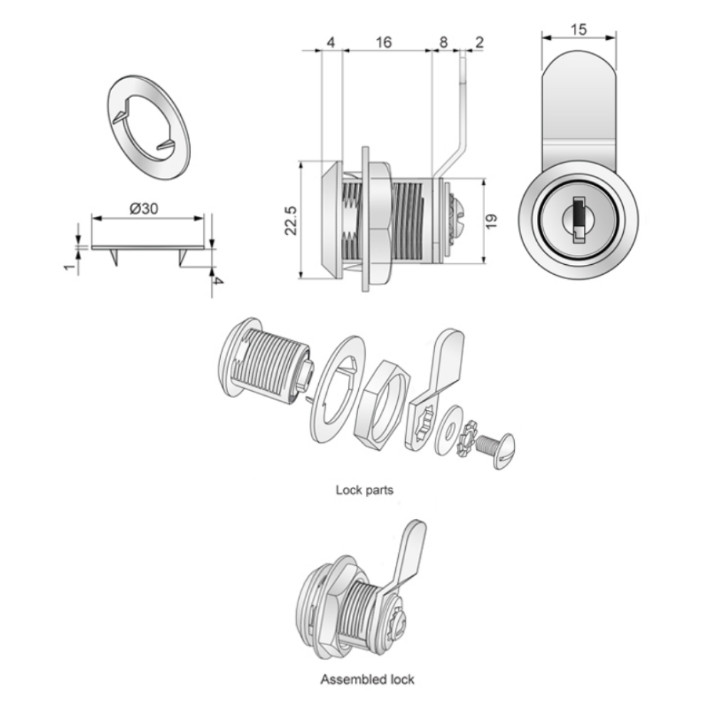 Cabinet Lock with Bent-Back Cam Plate 19x16mm, Chrome