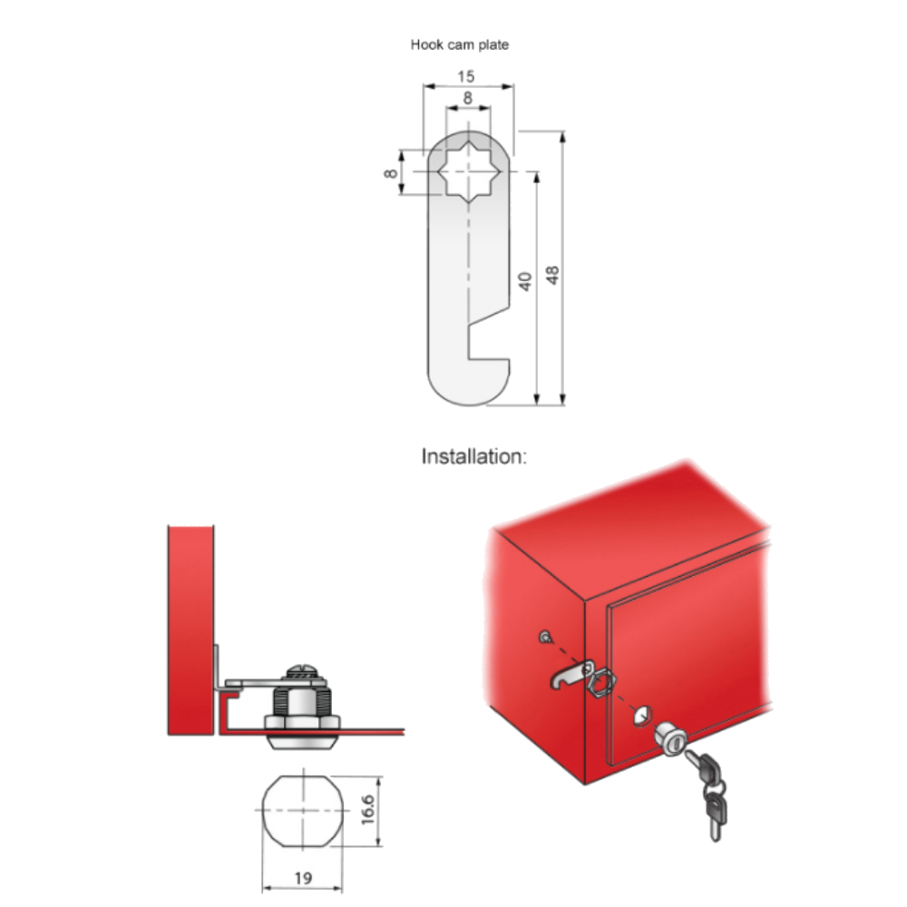 Cabinet Lock with Hook Cam Plate 19x30mm, Chrome